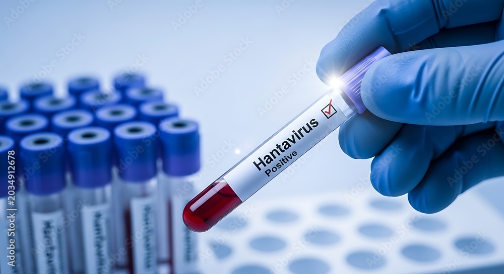 Fototapeta premium Gloved hand holding Hantavirus Positive blood test tube in laboratory setting with blue caps