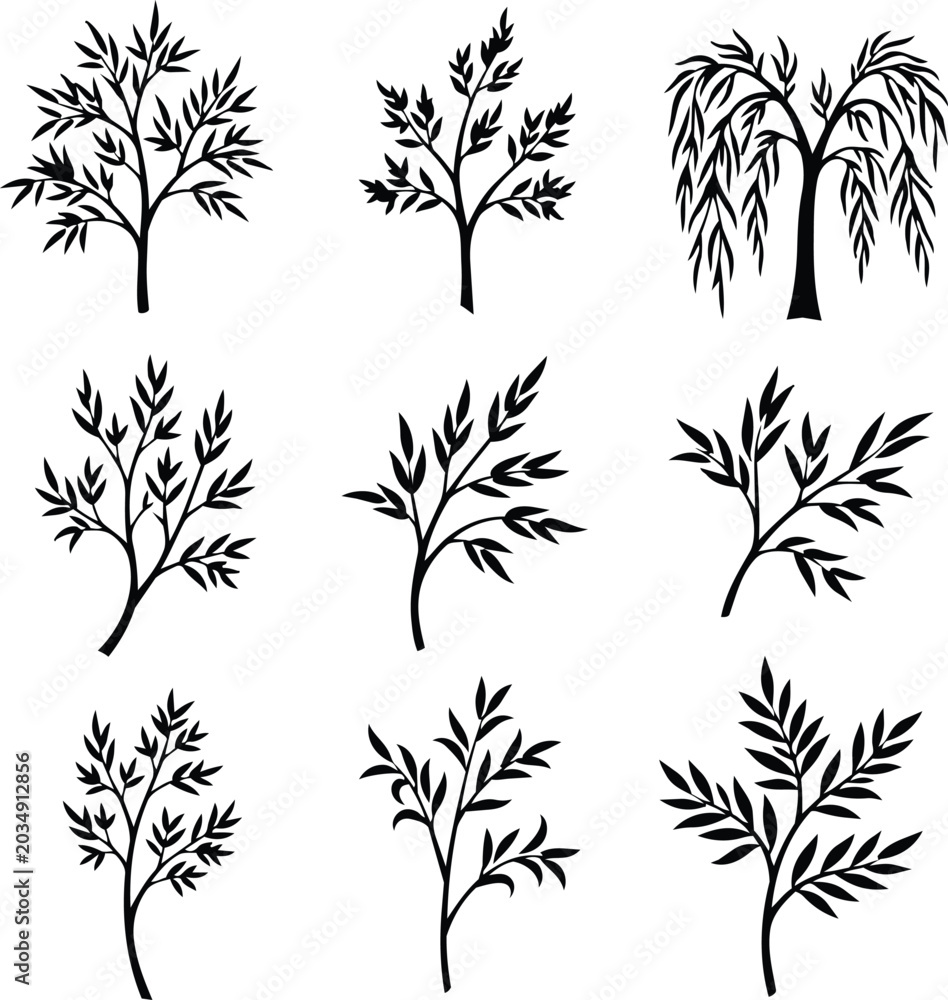 Fototapeta premium Black silhouette collection of various trees and branches