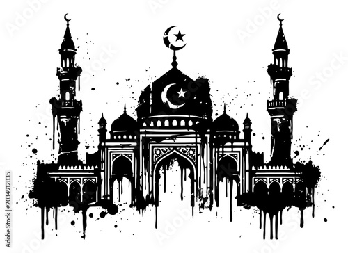 Fotografie Mosque silhouette with minarets and crescent moon in grunge stencil style