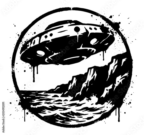Schilderij op canvas UFO flying saucer hovering over ocean cliffs in grungy ink splatter style