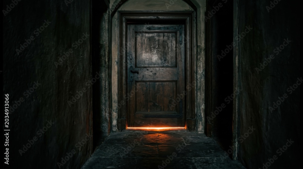 Obraz premium Closed wooden door at end of dark hallway with light leaking below. Halloween suspense concept.