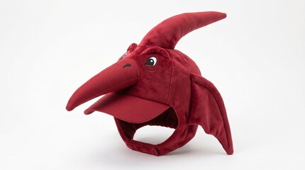 A red plush pterodactyl dinosaur hat isolated on white background