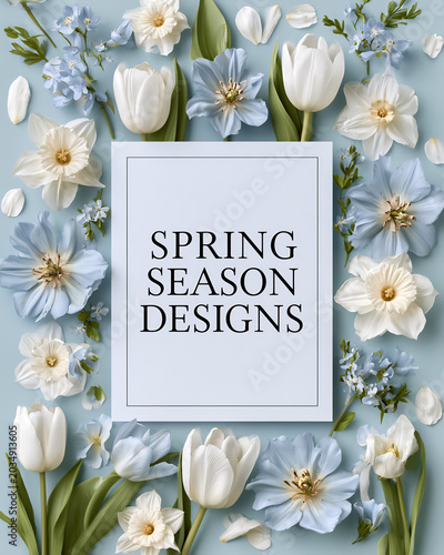 A beautiful flat lay of white and light blue spring flowers, including tulips and daffodils, arranged around a central frame with 