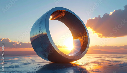 Shiny metallic ring sculpture standing on reflective surface with sunset background