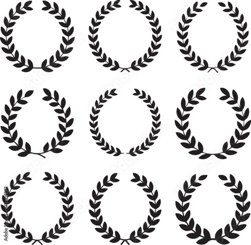 Canvastavla Create Set black silhouette circular laurel foliate, wheat and oak wreaths depicting an award, achievement, heraldry, nobility on white background