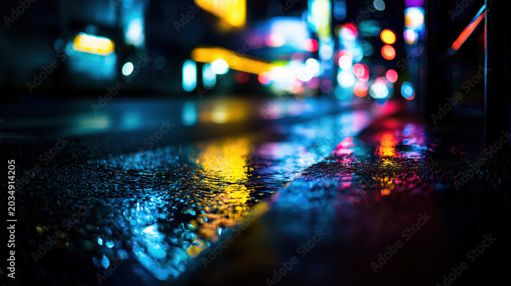 Fototapeta premium Neon reflections on wet city street at night with blurred traffic lights vivid urban glow rain soaked pavement for nightlife travel energy mystery technology background design themes