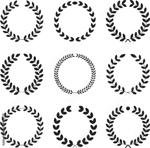 Fotografia Create Set black silhouette circular laurel foliate, wheat and oak wreaths depicting an award, achievement, heraldry, nobility on white background