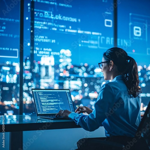 Business professional analyzing stock market data on multiple screens.