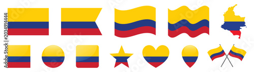 Schilderij op canvas Colombia flag set featuring national map heart shape and multiple graphic symbol versions