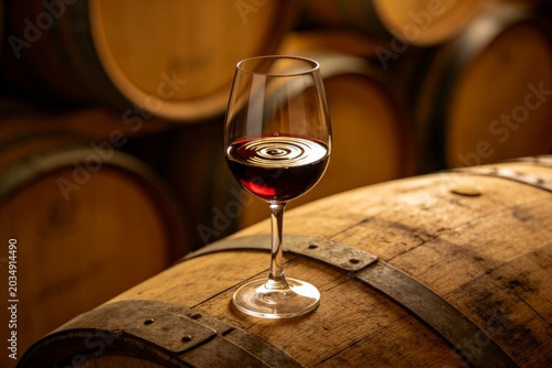 Wine glass on wooden barrel