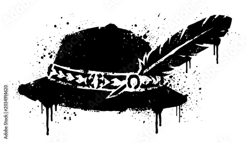 Tableau sur toile Alpine hat with feather accessory in grungy ink splatter style