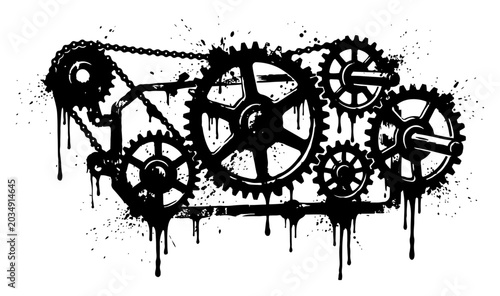 Vászonkép Gears and chain mechanism with ink drips and splatters in a grungy industrial st