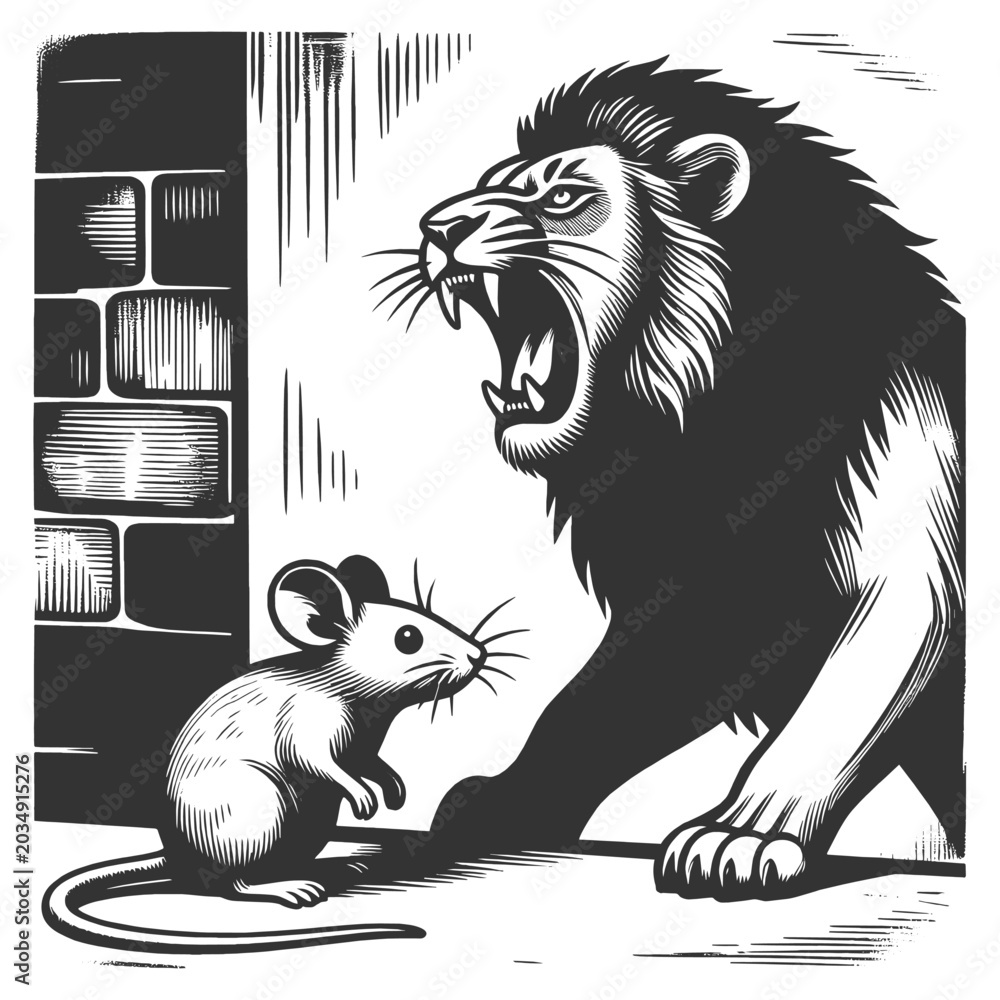 Obraz premium roaring lion facing a small mouse, symbolizing courage, fear, power, and contrast sketch engraving generative ai fictional character vector illustration. Scratch board imitation. Black and white image