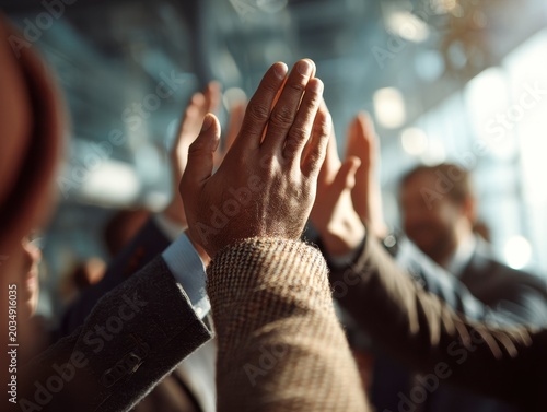 A High Fiving Group of Businesspeople in the Office Power of Teamwork