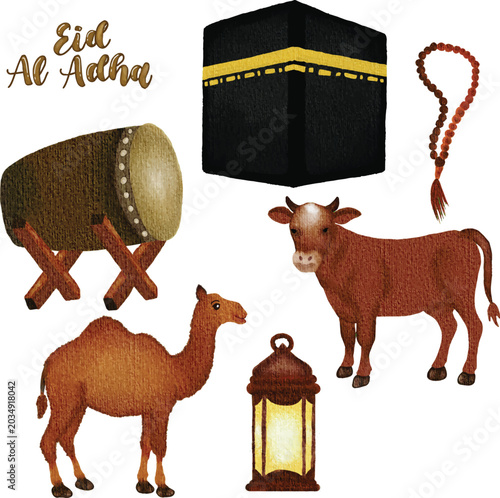 Elegant Eid al-Adha illustration featuring Islamic elements, crescent moon, mosque silhouette, lanterns, and festive atmosphere. Perfect for greeting cards, social media, banners, posters, and religio