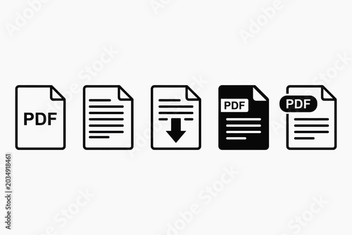 PDF file icon set. Document, download and filled format symbols in outline and solid line art style