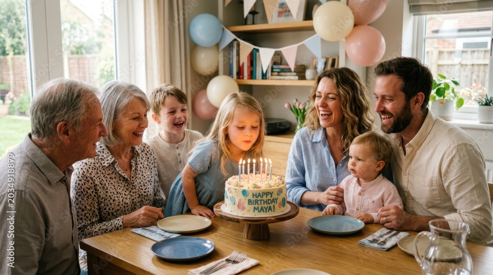 Fototapeta premium Multi-generational family celebrating a young girl's birthday with cake and candles