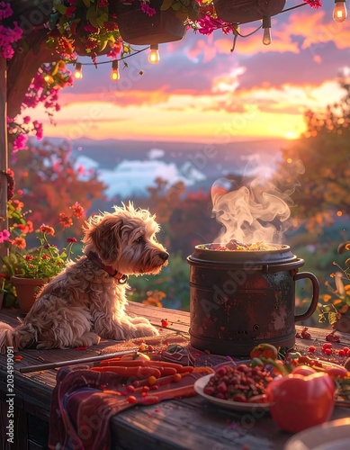 Golden sunset over rustic outdoor fireplace with flowers.