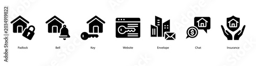 Communication and Access web banner icon vector illustration featuring Padlock, Bell, Key, Website, Envelope, Chat, and Insurance.