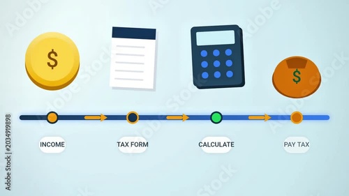 Tax preparation process animation with income calculation and payment steps