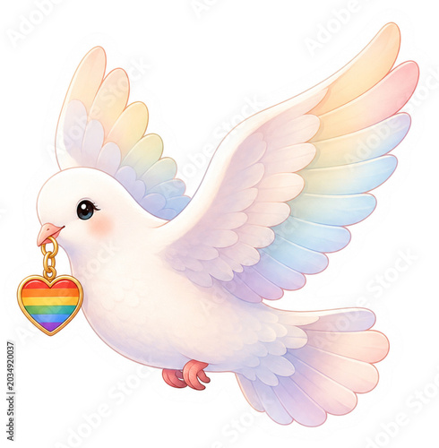 White Dove Holding Rainbow Heart Pride Watercolor Clipart