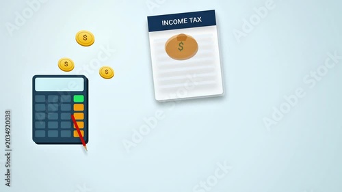 Income tax calculation animation with calculator, coins and document on light background