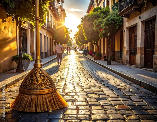 Golden hour cobblestone street with autumn leaves and basket.