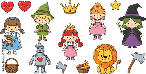 Foto Cute Wizard of Oz Fairy Tale Vector Element Set with Cartoon Dorothy, Tin Man, S