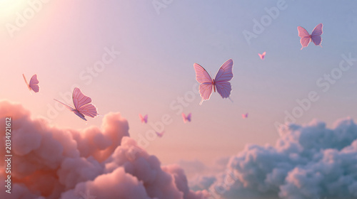 Dreamlike Pastel Sky with Pink Butterflies Floating Over Fluffy Clouds