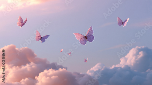 Romantic Sky Scene with Pink Butterflies, Pastel Clouds, and Peaceful Atmosphere