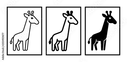 Photography Giraffe Icon Set, Outline and Silhouette Vector Graphics, Safari Animal Illustra
