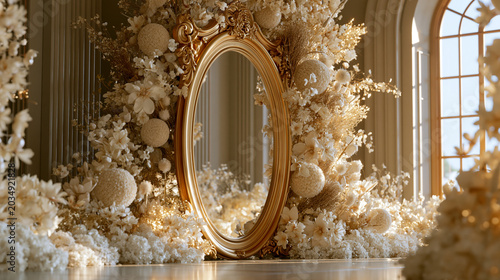 Decorative Golden Mirror Framed by Cream Flowers in Luxurious Wedding Interior