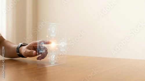 Person touching touch screen device with engaged expression and interest in modern technology and interaction