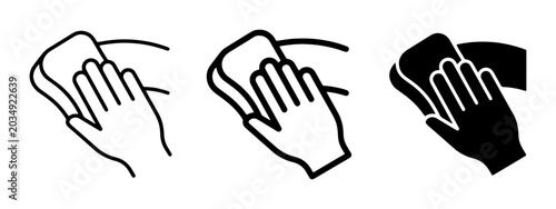 Hand wiping with sponge icons, cleaning and hygiene symbols, simple line art and solid silhouette graphics