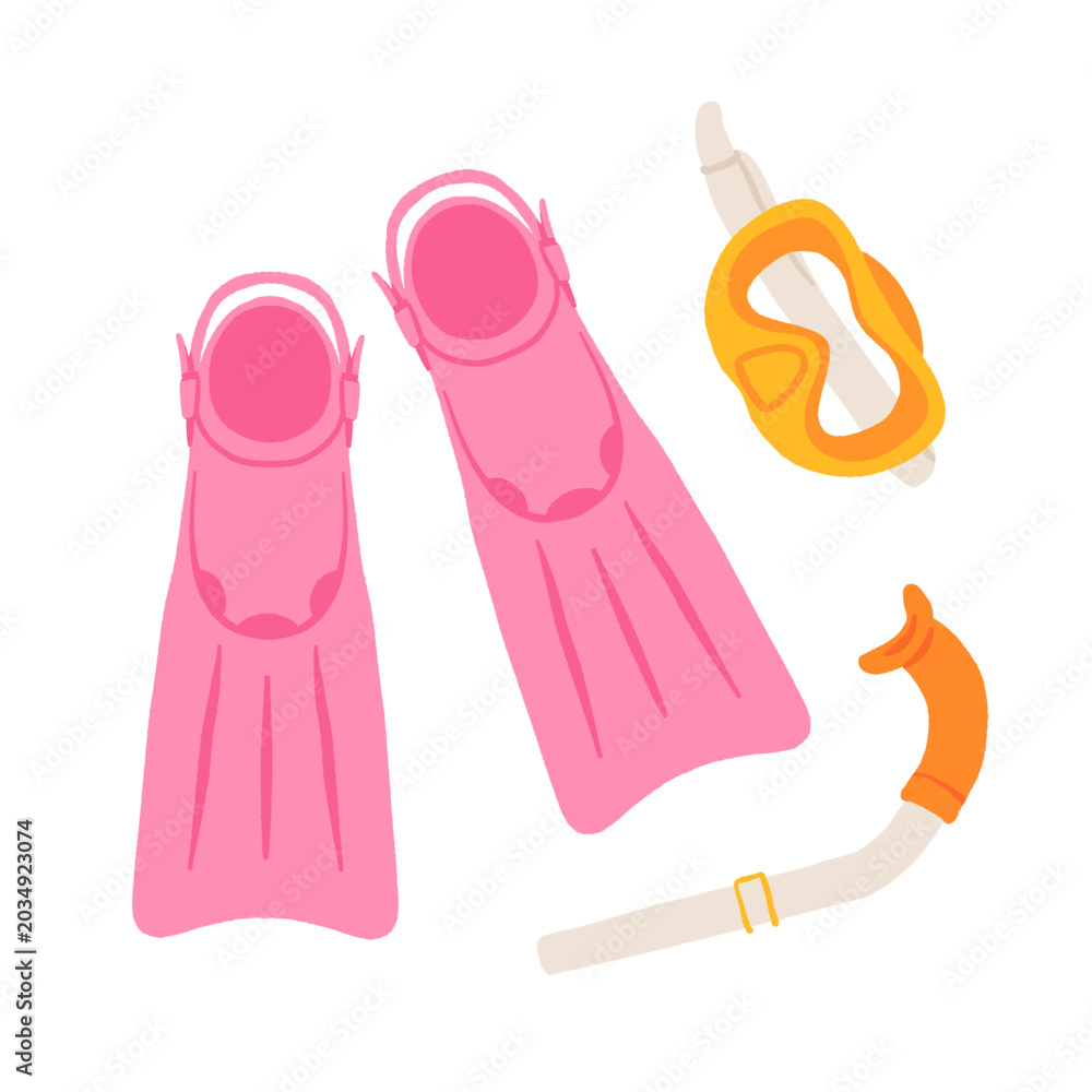 Obraz premium Hand drawn snorkeling set, diving fins, scuba mask, snorkel tube, underwater swimming gear, summer beach water sport collection vector