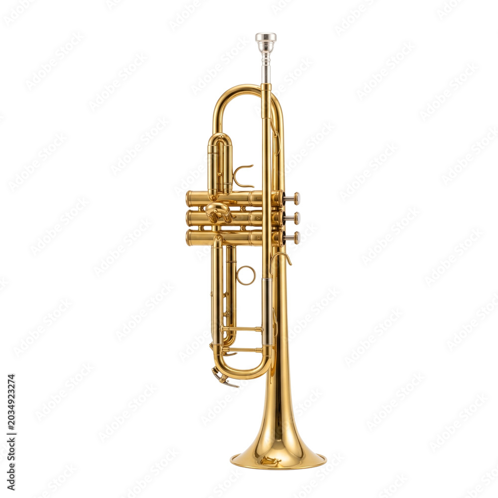 Fototapeta premium A shiny gold trumpet standing upright on a plain white background Photo realistic image background removed. png