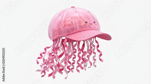 Cute jellyfish baseball cap with dangling tentacles isolated on white background