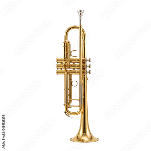 A shiny gold trumpet standing upright on a plain white background Photo realistic image background removed. png