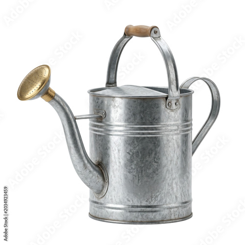 A rustic metal watering can with a wooden handle on a white background Photo realistic image background removed. png