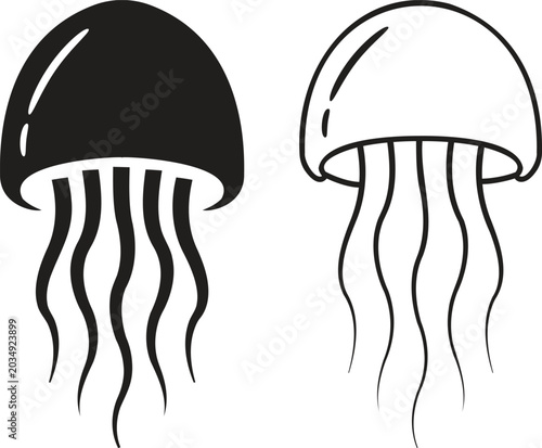 Photography Jellyfish icon set in black silhouette and line art style, marine life sea creat