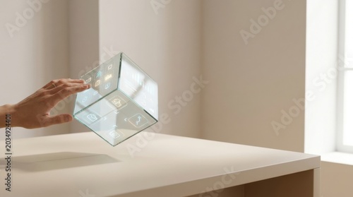 Person holding a glass object in a modern workspace representing creativity and innovation in a startup environment