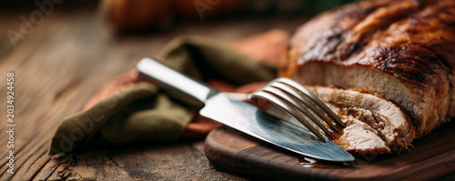 Turkey being carved with knife and fork on wooden cutting board for Thanksgiving day, autumn, fall  