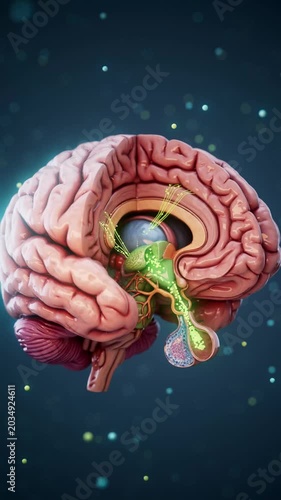 Conceptual 3D animation of the brain generating dopamine molecules in the pituitary gland