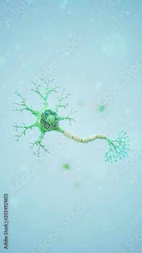 Conceptual 3D animation of a neuron with floating molecules