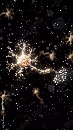 Conceptual 3D animation of a neuron with floating molecules
