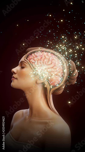 Conceptual 3D animation of a happy woman with visible brain and happiness molecules