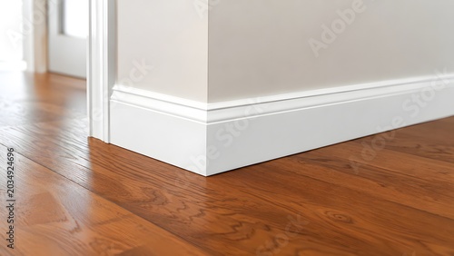 Clean white baseboard trim with wooden floor in modern empty room interior home renovation flooring installation and minimalist house maintenance background