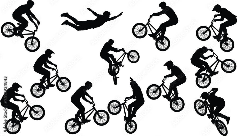 Obraz premium Collection of BMX freestyle rider silhouettes performing airborne bicycle tricks and extreme stunt actions isolated background