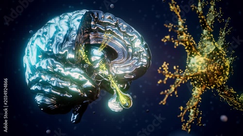 Conceptual 3D animation of the brain generating dopamine molecules in the pituitary gland