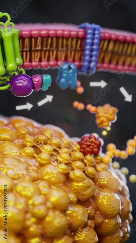 Conceptual 3D animation of adrenaline triggering fat breakdown in an adipocyte cell